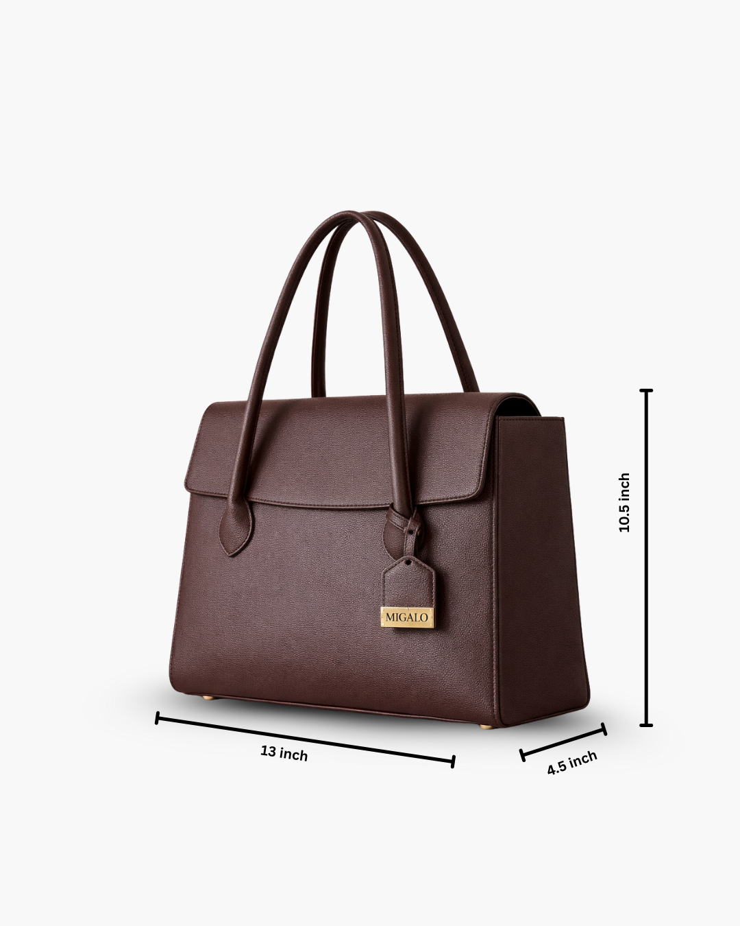 Brown handbag with dimensions indicated on a white background