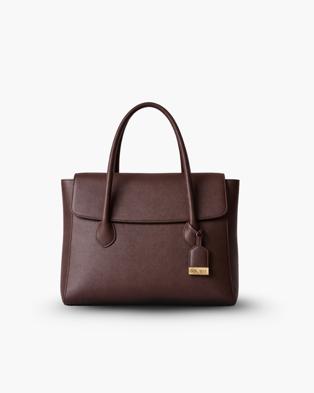 Brown leather handbag with a visible brand logo on a white background